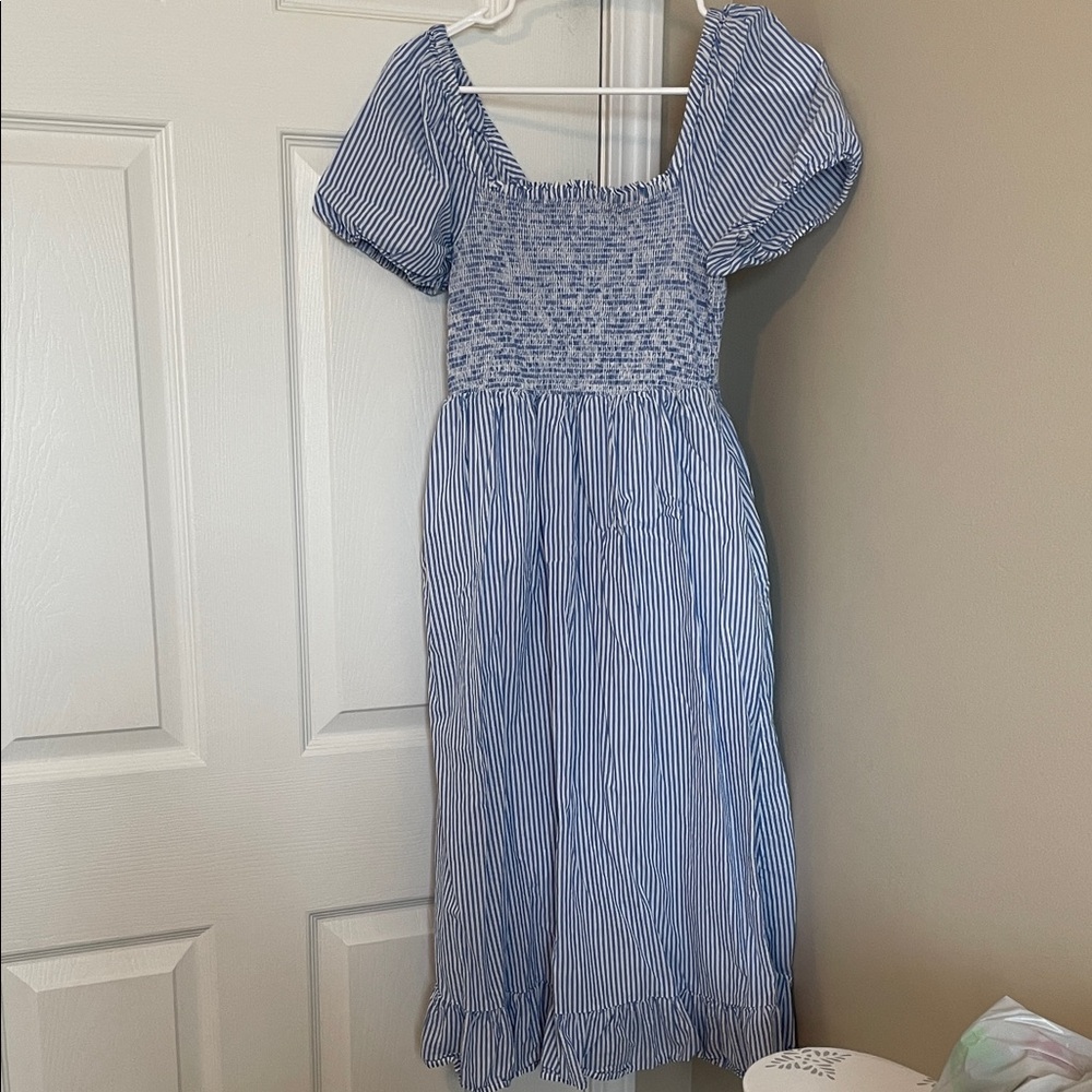 J. Crew Blue and White Striped Smocked Puff-Sleeve Dress